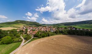 Panoramablick auf Kunitz: Im Vordergrund sind landwirtschaftliche Nutzflächen sowie ein kleines Waldgrundstück, gefolgt von der Siedlung mit Häusern, dann folgen auf der rechten Seite grüne Ackerflächen und auf der linken Seite der Gleisberg mit der Kunitzburg