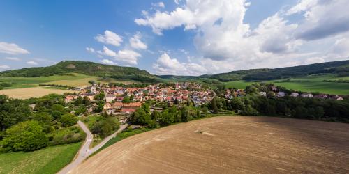 Panoramablick auf Kunitz: Im Vordergrund sind landwirtschaftliche Nutzflächen sowie ein kleines Waldgrundstück, gefolgt von der Siedlung mit Häusern, dann folgen auf der rechten Seite grüne Ackerflächen und auf der linken Seite der Gleisberg mit der Kunitzburg